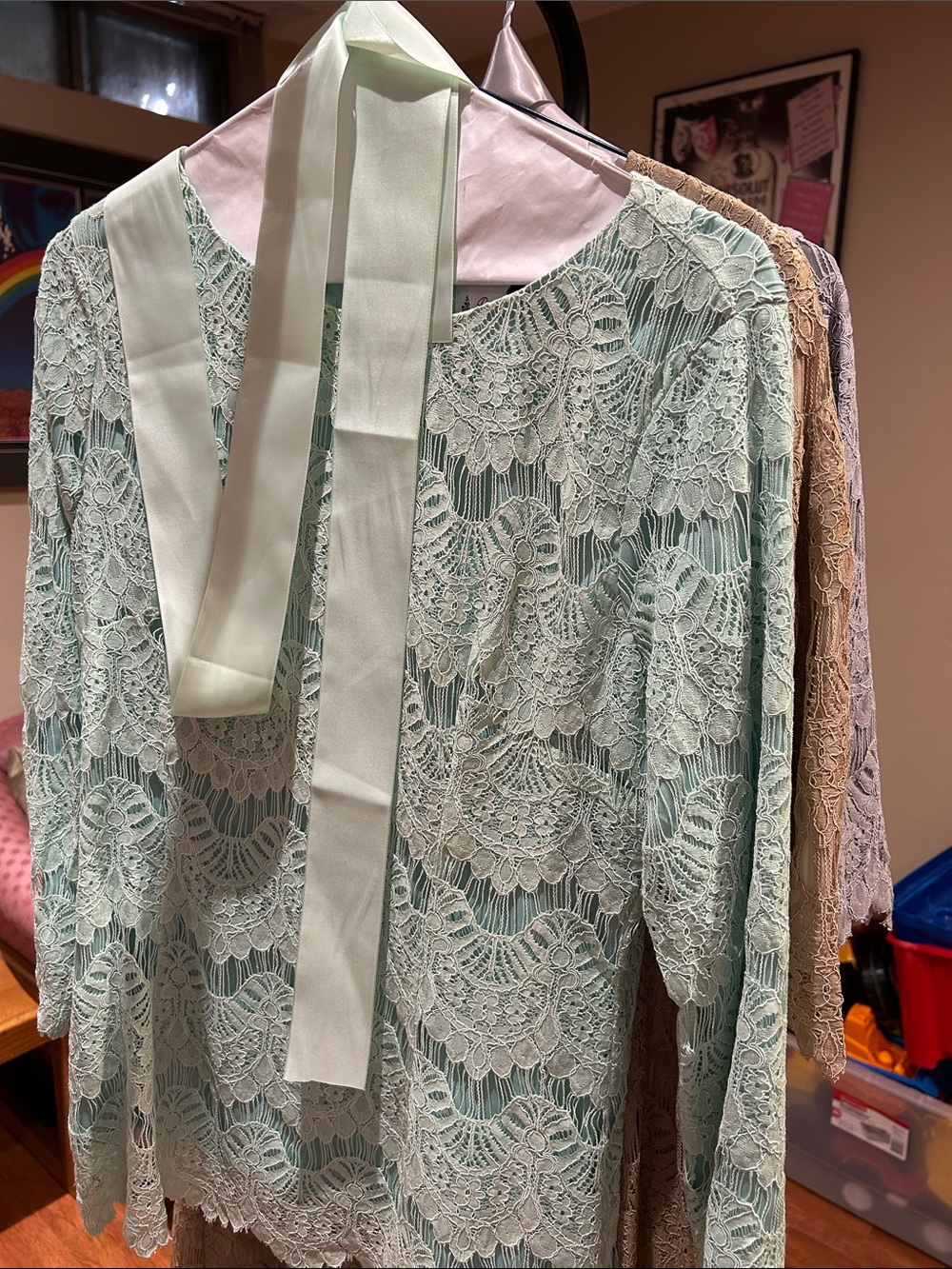 Dainty Jewells Mint Lace Long-Sleeve Tie-Neck Blouse